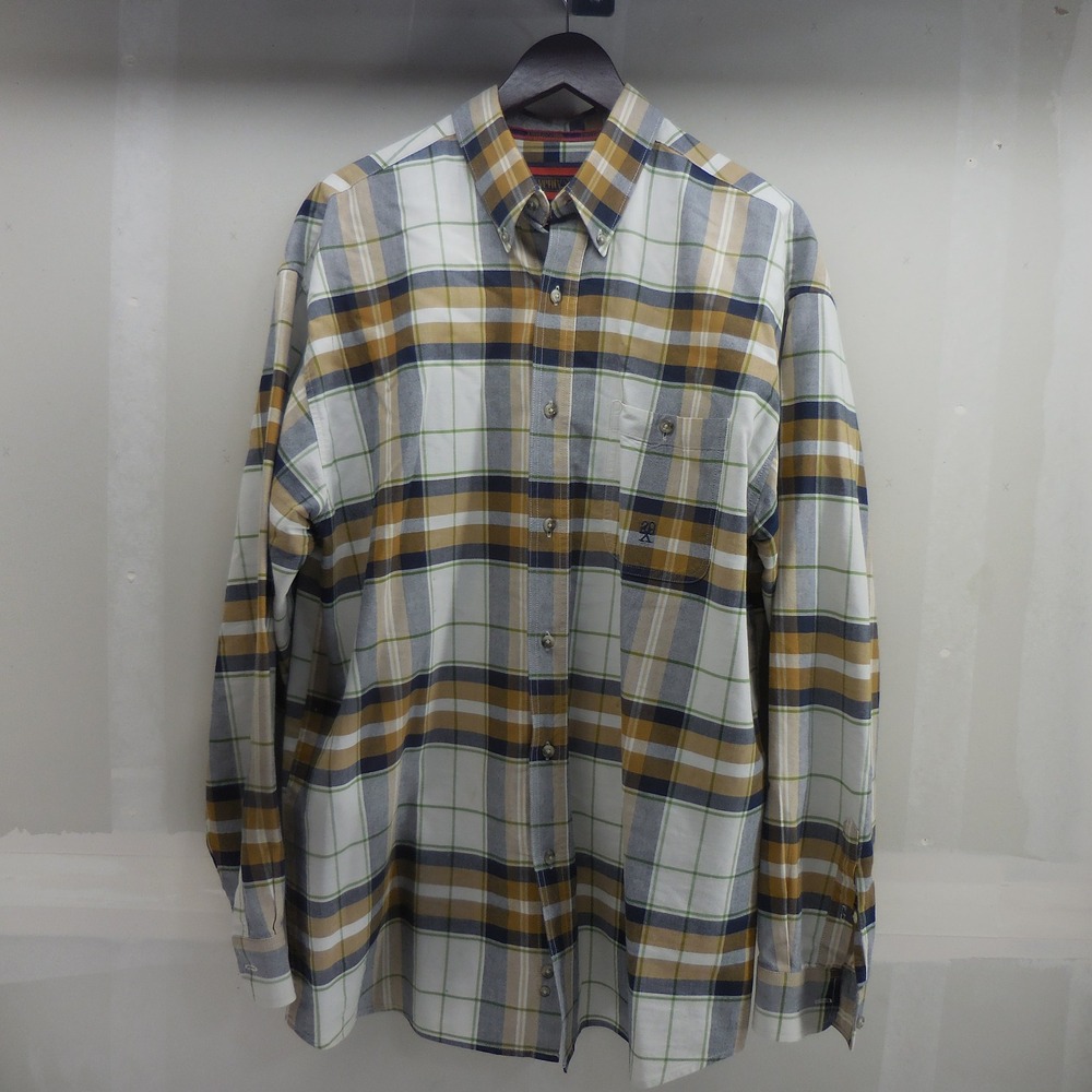 Wrangler Twenty X Mens 2XL Flannel Plaid Button Down Shirt Yellow Blue White